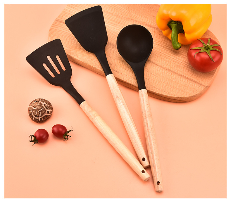 不粘锅木柄硅胶厨具12件套烹饪收纳桶厨房烹饪锅铲套装轻款详情16