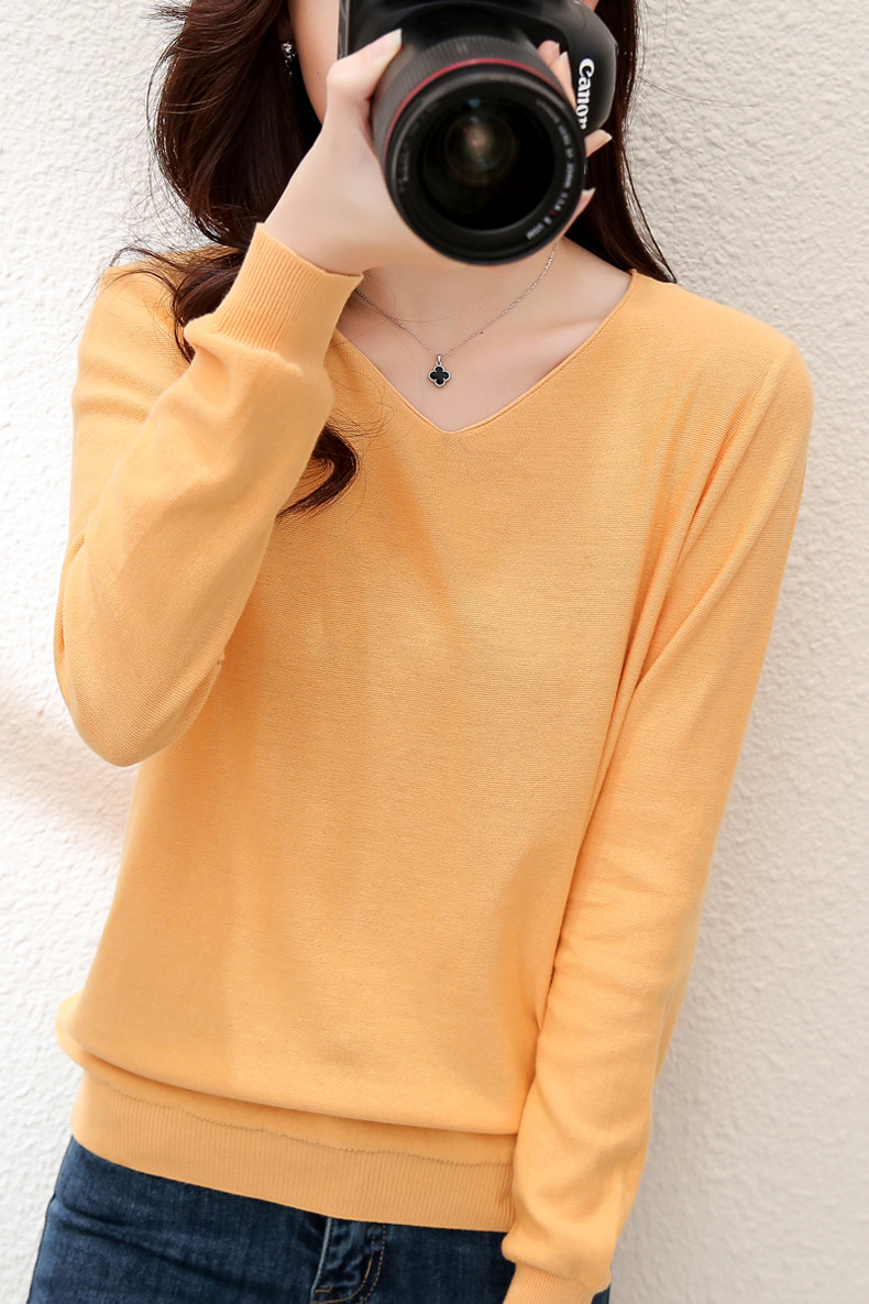2023秋季女装全纯色棉麻针织T恤女V领长袖文艺大码外贸厂家批代发详情12