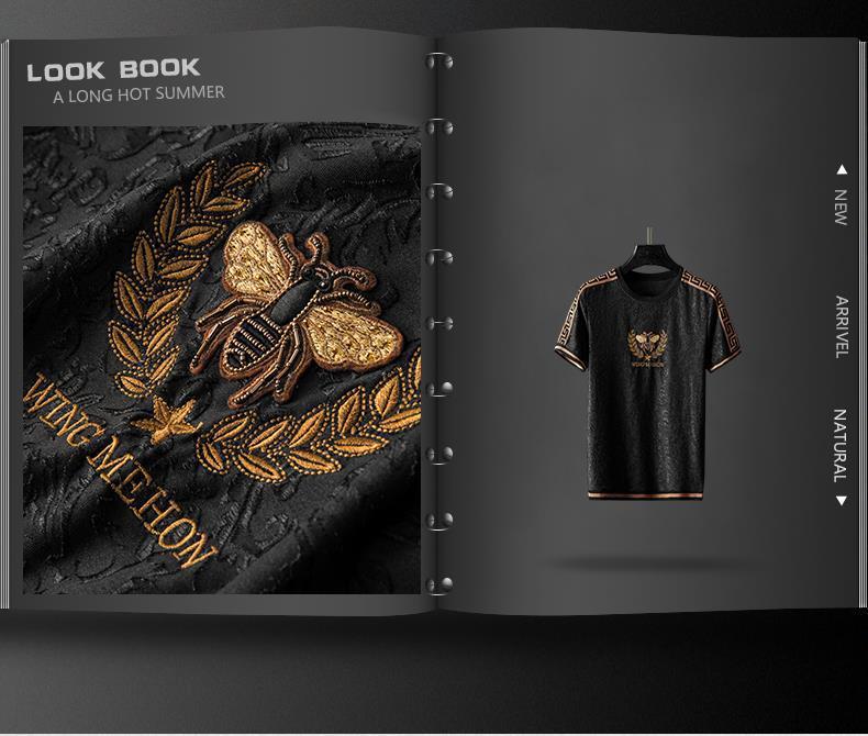 Ligera moda de lujo pequeña abeja cordón bordado con jacquard mercerizado hombre manga corta camiseta hombre verano tallas grandes media manga t pic 2
