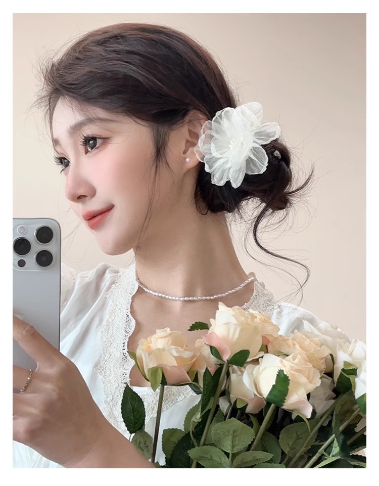 白月光欧根纱花朵发夹女侧边刘海夹纯欲风发卡碎发鸭嘴夹子头饰夏详情4
