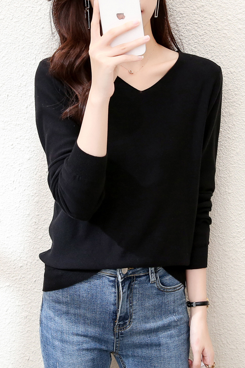 2023秋季女装全纯色棉麻针织T恤女V领长袖文艺大码外贸厂家批代发详情18