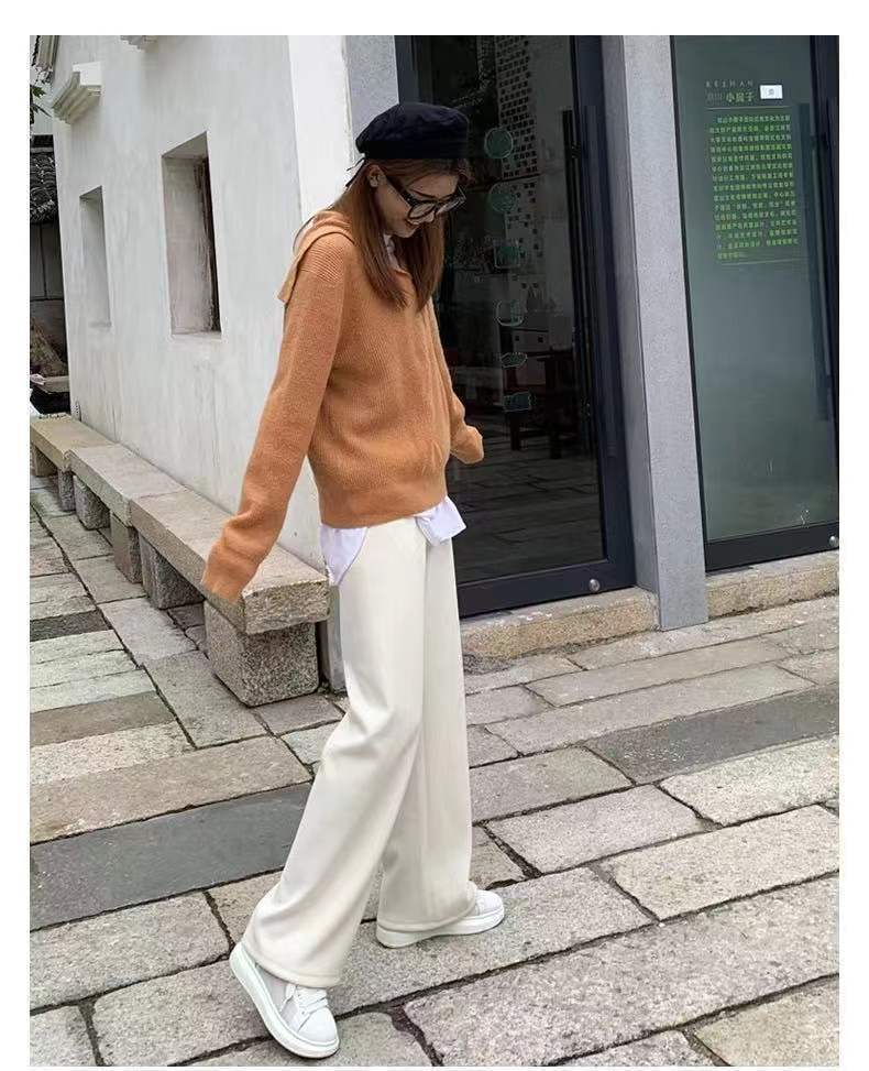 Otoño invierno 2022 pantalón de pierna ancha mujer casual holgada cintura alta con sensación de caída pantalón mop con fleece y espesor negro apricot pantalones rectos mujer pic 15