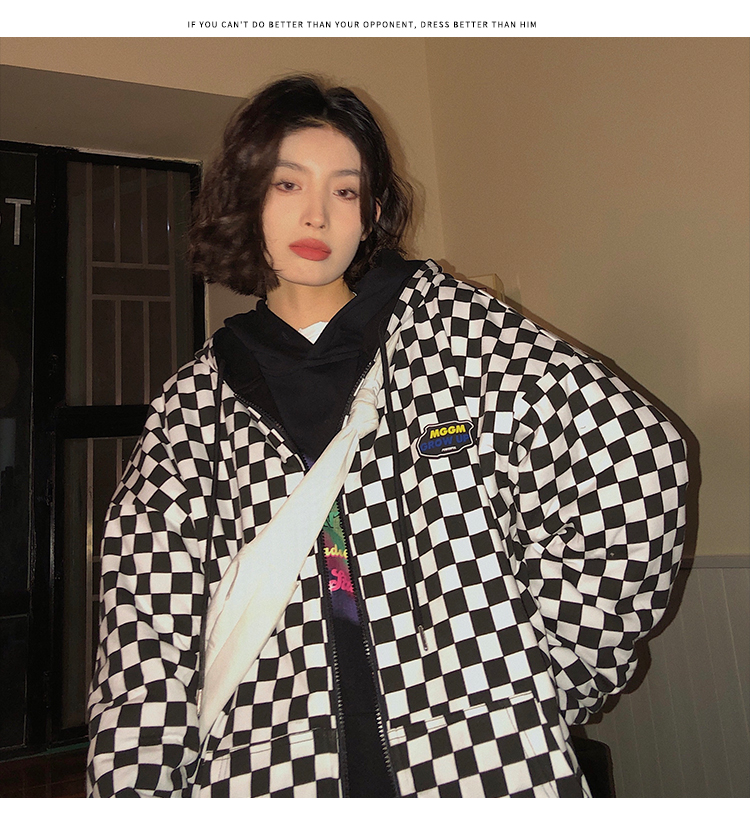 A woman wearing a cardigan with a hood on both sides in a loose pink, niche design with a checkered pattern is particularly stylish pic 20