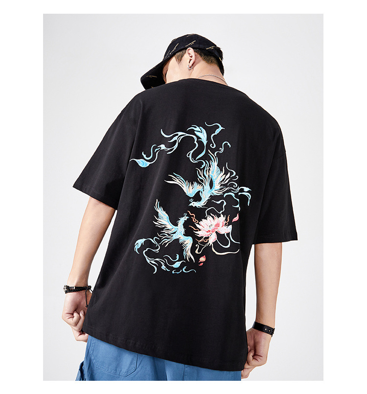 国潮中国风短袖t恤男 夏季宽松大码青年凤凰图案刺绣潮牌纯棉半袖 pic 8