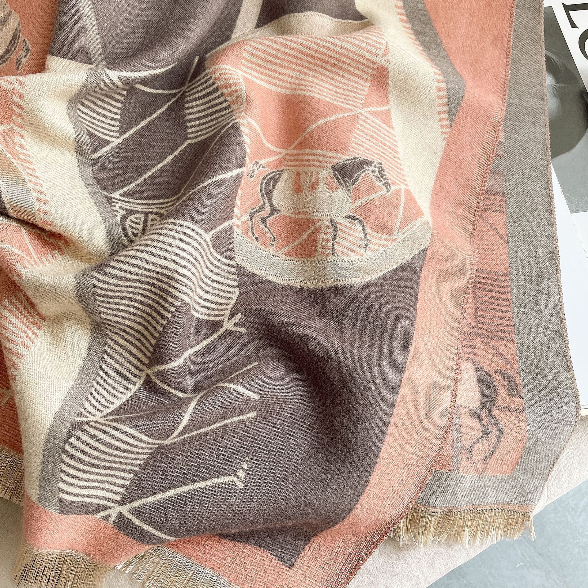 Elegant autumn and winter warmth, short beard tassel, travel outer scarf, imitation cashmere socialite scarf, versatile for women, horse in stock pic 13