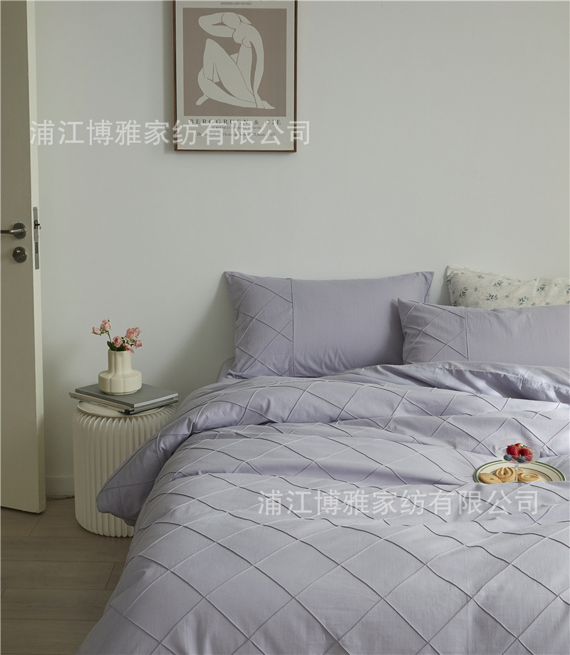 Wholesale of high-quality three or four-piece sets of washed cotton 40-count hand-knitted rhombus-shaped checkered plain pure cotton bedding pic 22
