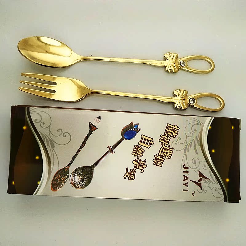 Fashionable bow coffee spoon and fork set, diamond-encrusted stainless steel mirror-polished gold dessert spoon, 3-finger fork, 80 pic 32