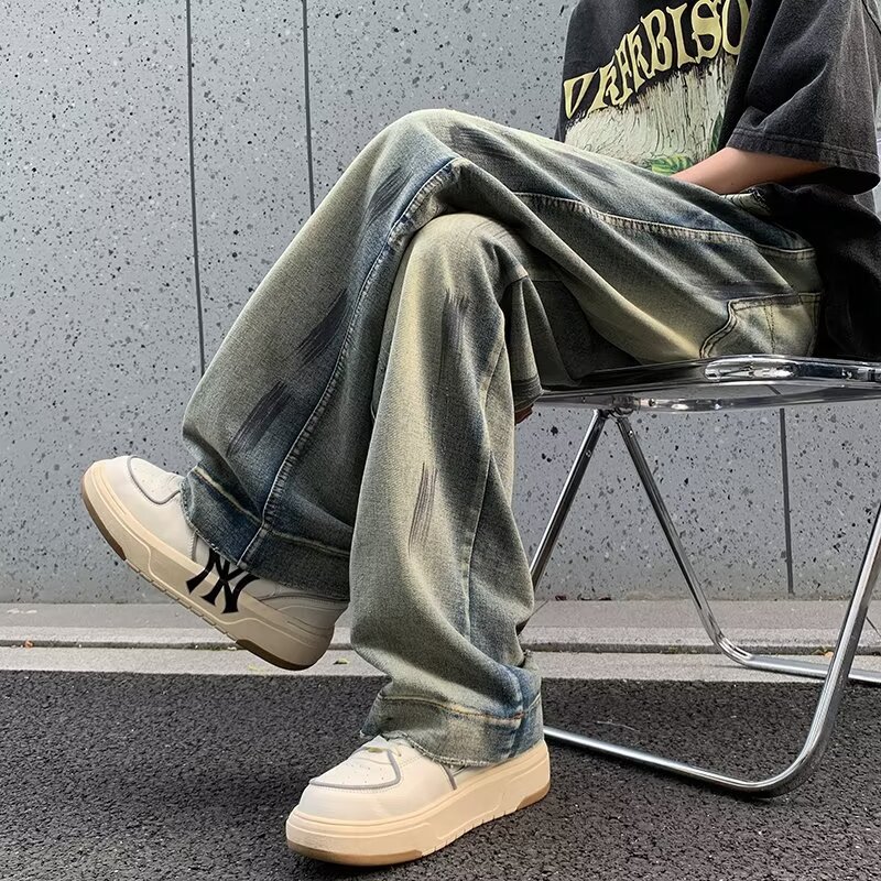 2024复古休闲做旧牛仔裤学生时尚百搭款垂感宽松阔腿拖地牛仔裤男详情9