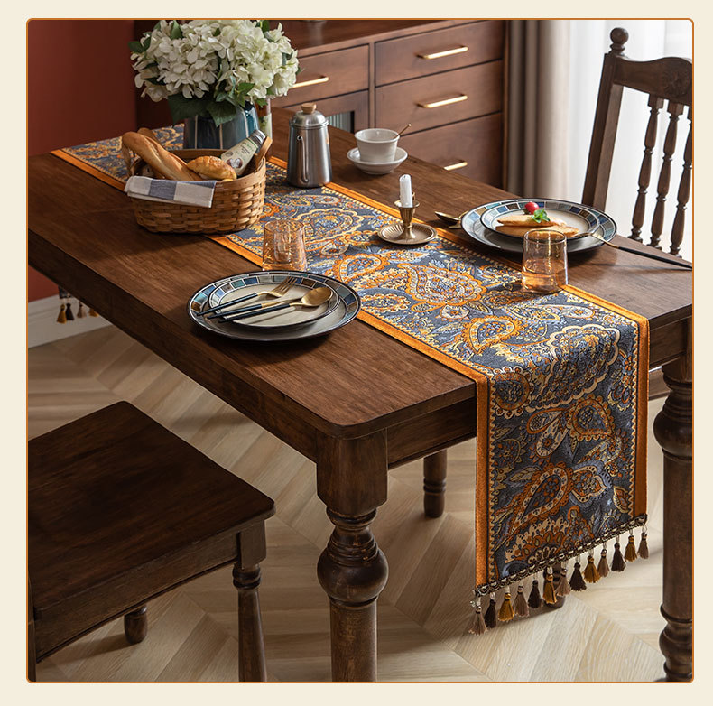 American retro table flag, woven jacquard with ethnic style, cashew tassels, home polyester tablecloth, table flag, bed tail flag, cover cloth pic 10