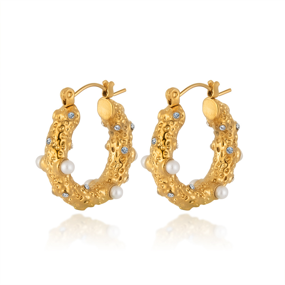 跨境ins法式复古不锈钢镶钻耳环轻奢风女式珍珠耳环镀18K钛钢耳环详情4