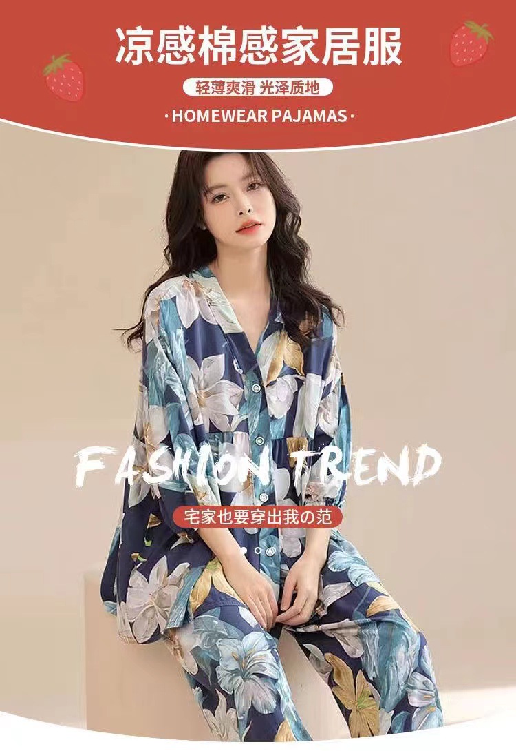 春夏新款棉绸睡衣套装女士七分袖大码宽松空调服家居服两件套详情1
