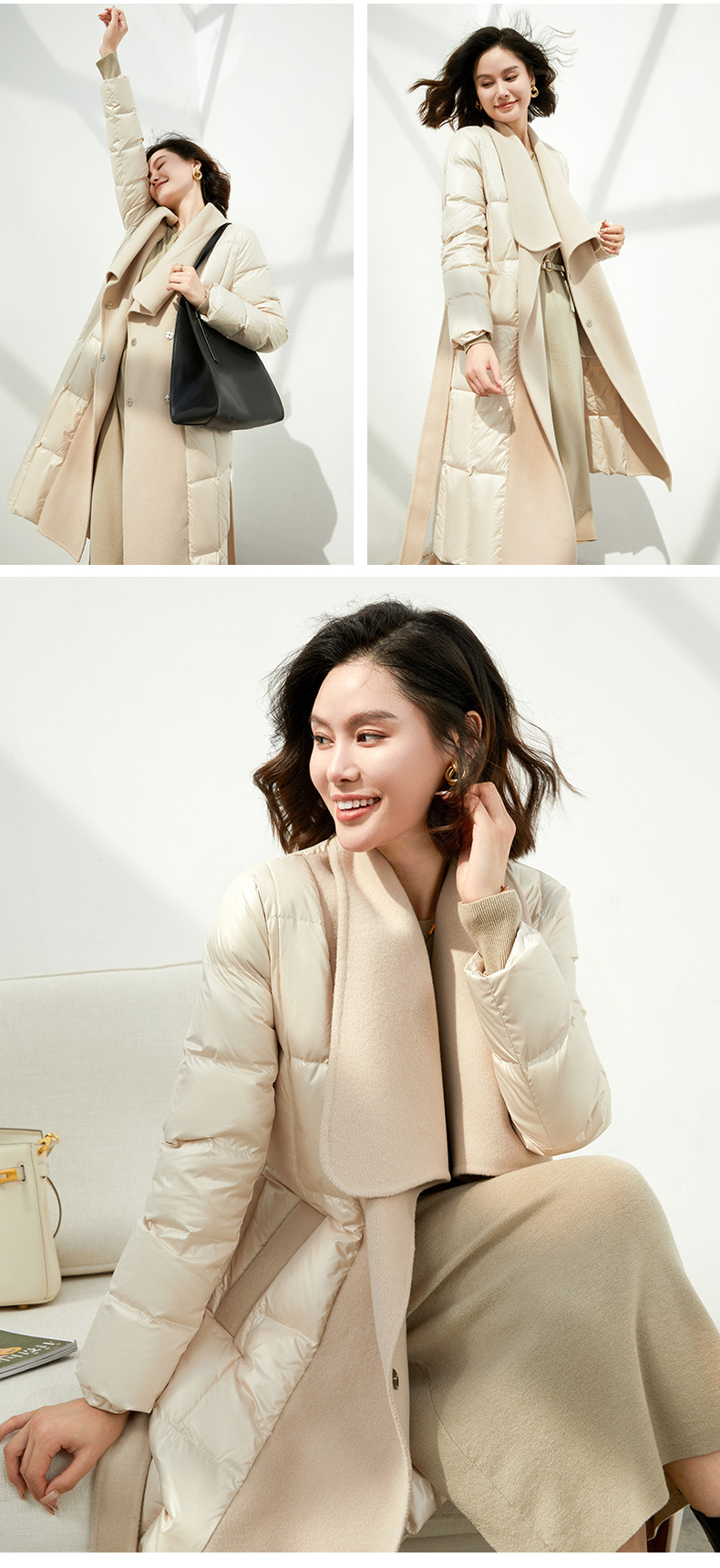 欧品荟设计感女双面呢拼接羽绒大衣外套2022冬季长款白鸭绒羽绒服详情10