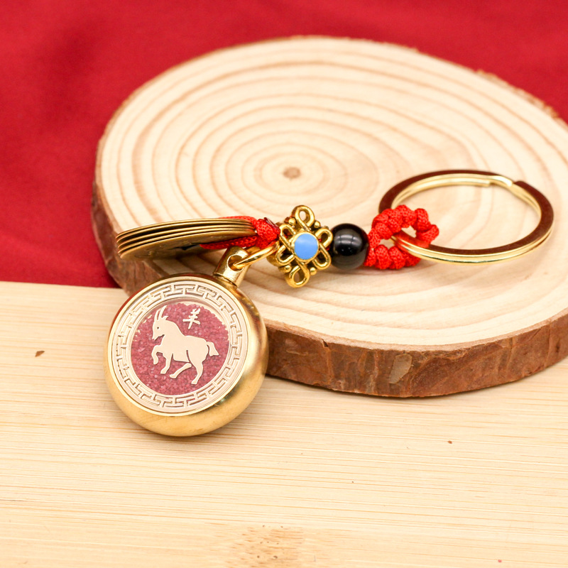 本命年五帝钱黄铜朱砂十二生肖挂坠赚钱转转手把件钥匙扣挂件吊坠详情10