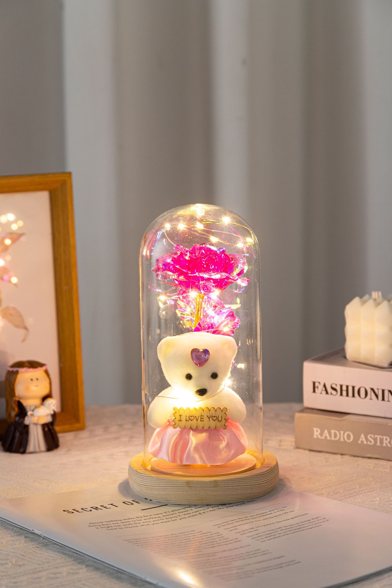 玻璃罩玫瑰花仿真摆母亲节礼物金箔花泡沫熊灯发光装饰品创意摆件详情11