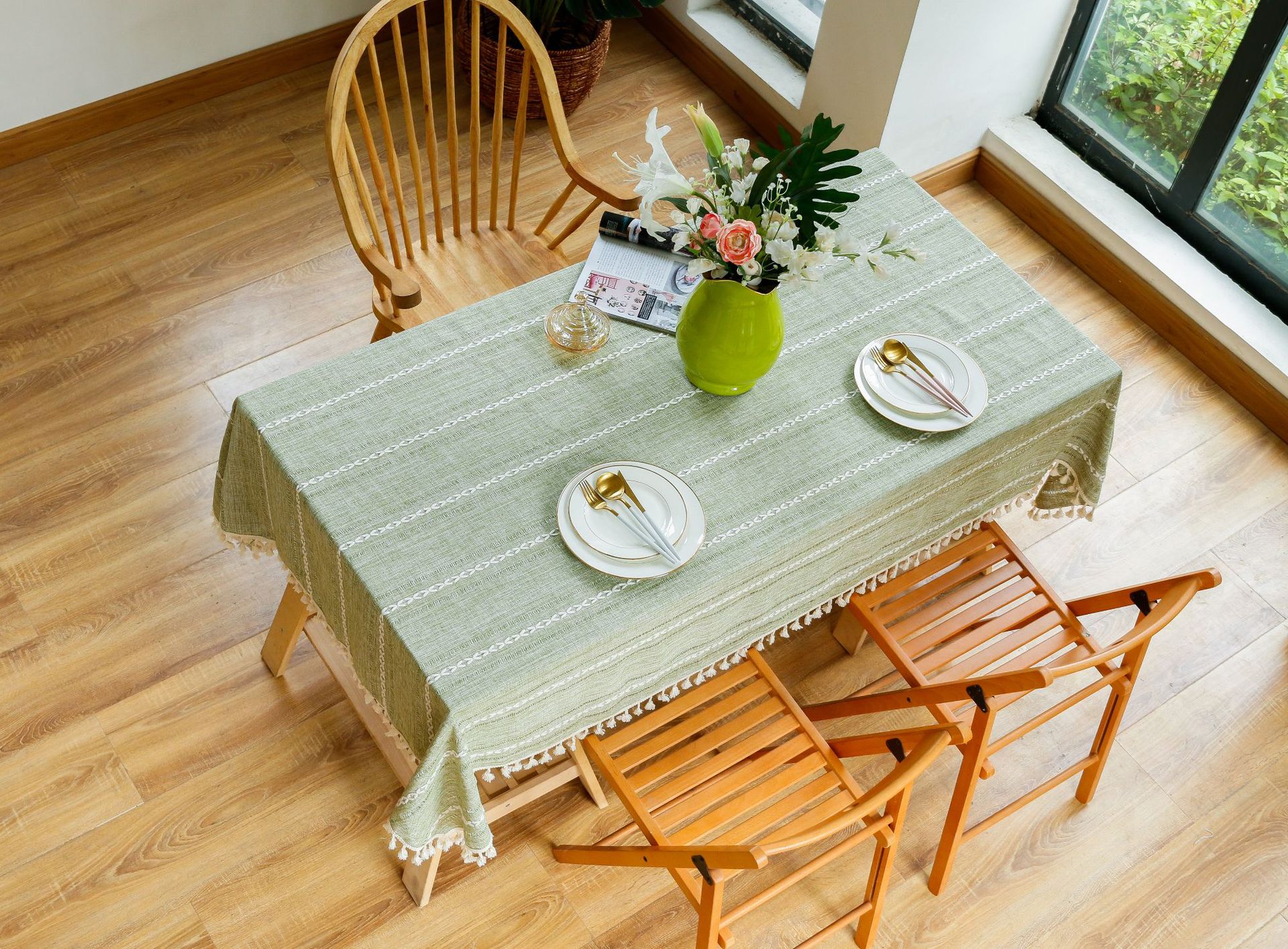 Cross-border retro country tablecloth, green hollowed-out decoration, cotton and linen tablecloth, embroidered decoration, party restaurant picnic mat pic 38