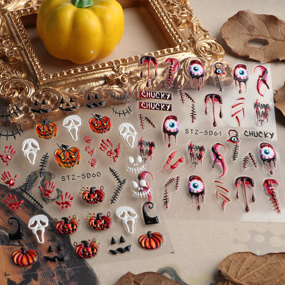 Wholesale of new cross-border 5D relief three-dimensional nail stickers, spider web pumpkin skull Halloween nail stickers, shanilak pic 15