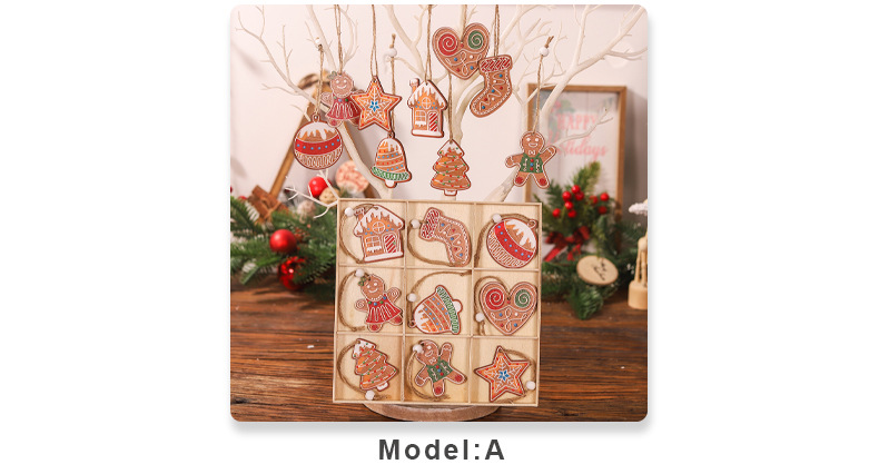 Cross-border new Christmas 18pcs wooden nine-grid pendant, Elf Grimm Gingerbread Man figurine Mahjong decoration, unique and creative wooden pendant pic 5