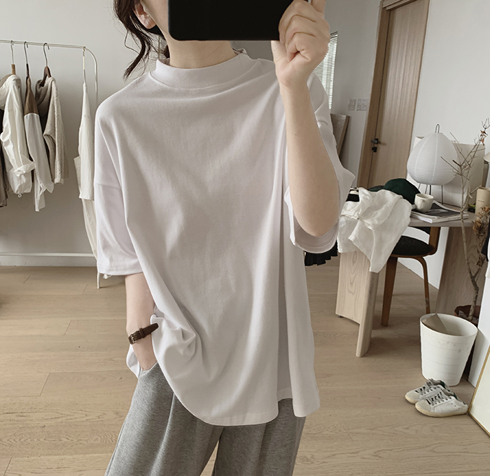 琪镌绘制半高领t恤女式春夏季新款宽松显瘦韩版简约半袖减龄棉质详情6