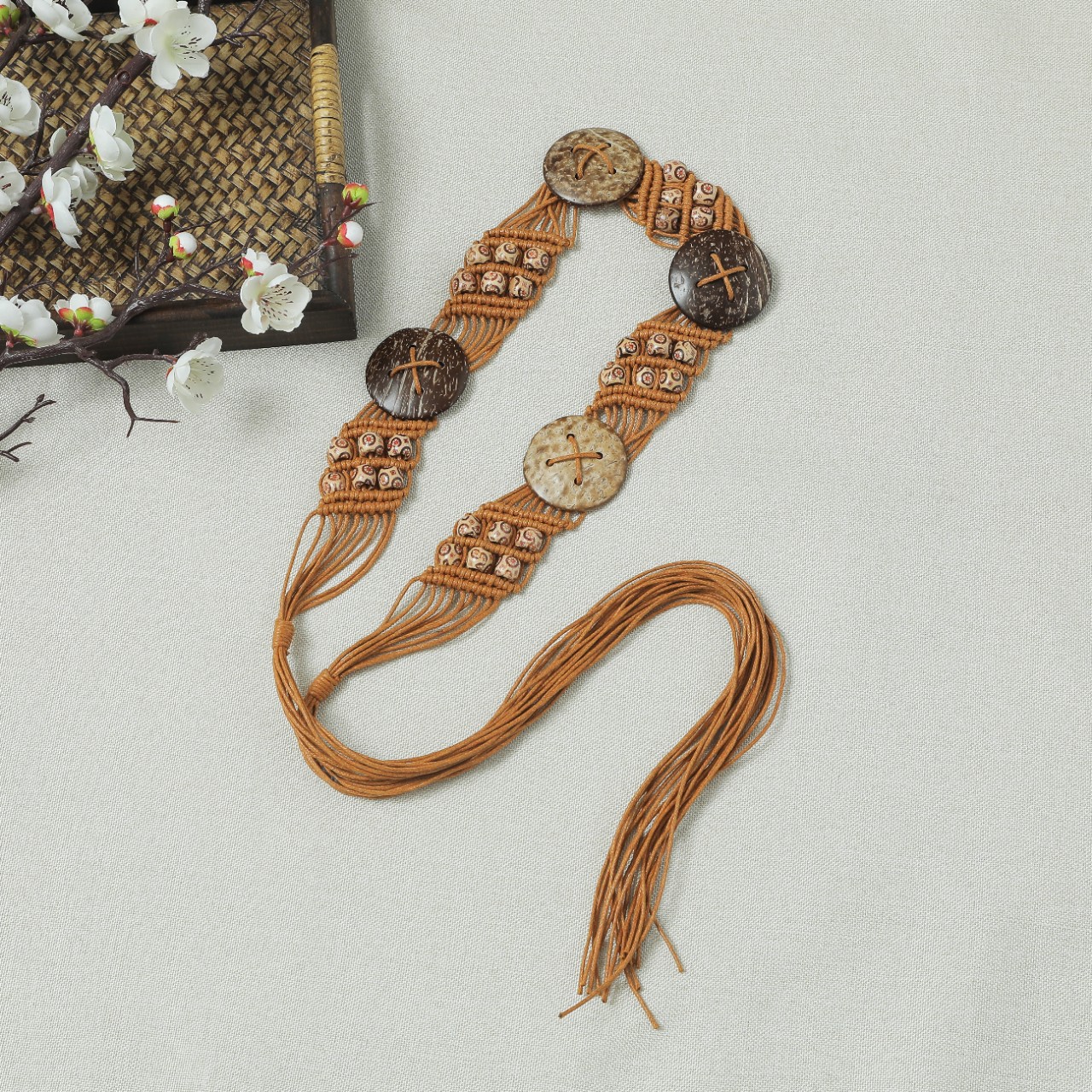 波西米亚风腰带 复古蜡绳编织女 腰带 民族风椰壳流苏腰绳腰链详情3