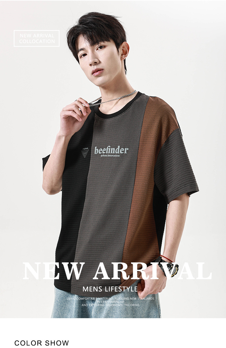 Summer Waffle short-sleeved T-shirt for men, loose round neck, color-blocked trendy brand, Japanese retro half-sleeved men pic 1