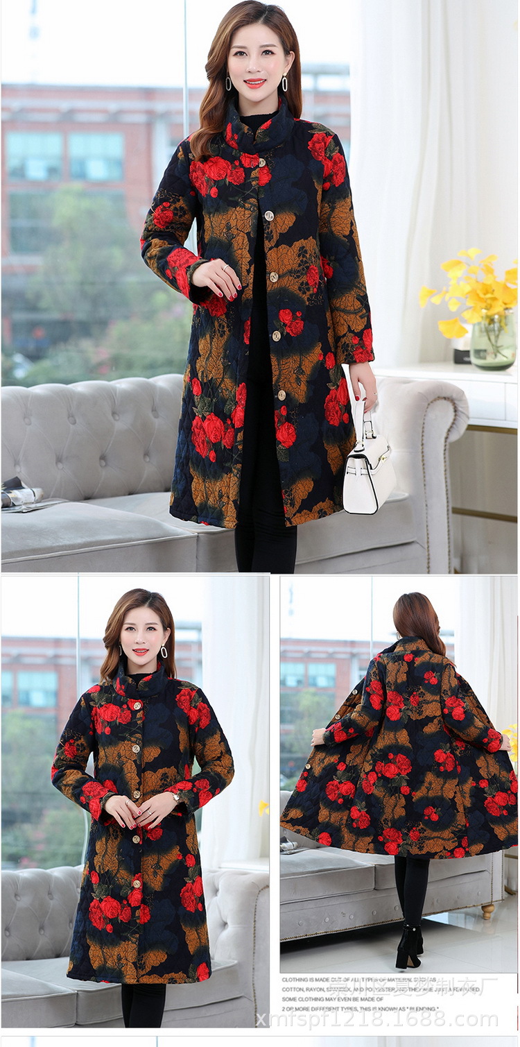 New winter cotton-padded jacket, long and patterned cotton-padded jacket with thick cotton lining for warmth, single-breasted stand-up collar pic 9