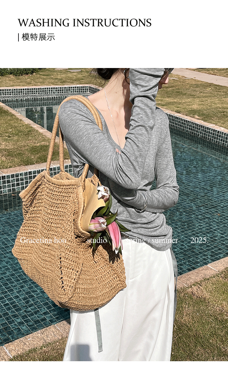 Early spring new collection of 2025, a simple and laid-back two-wear T-shirt with a basic U-neck and a large ribbon for women pic 7