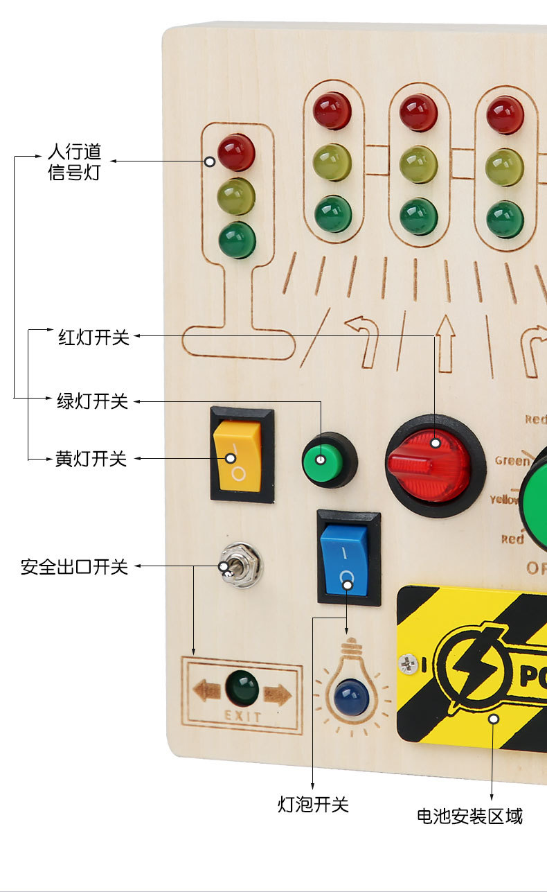 木制玩具模拟电路板 交通忙碌开关游戏LED灯多功能动手动脑忙碌板详情6