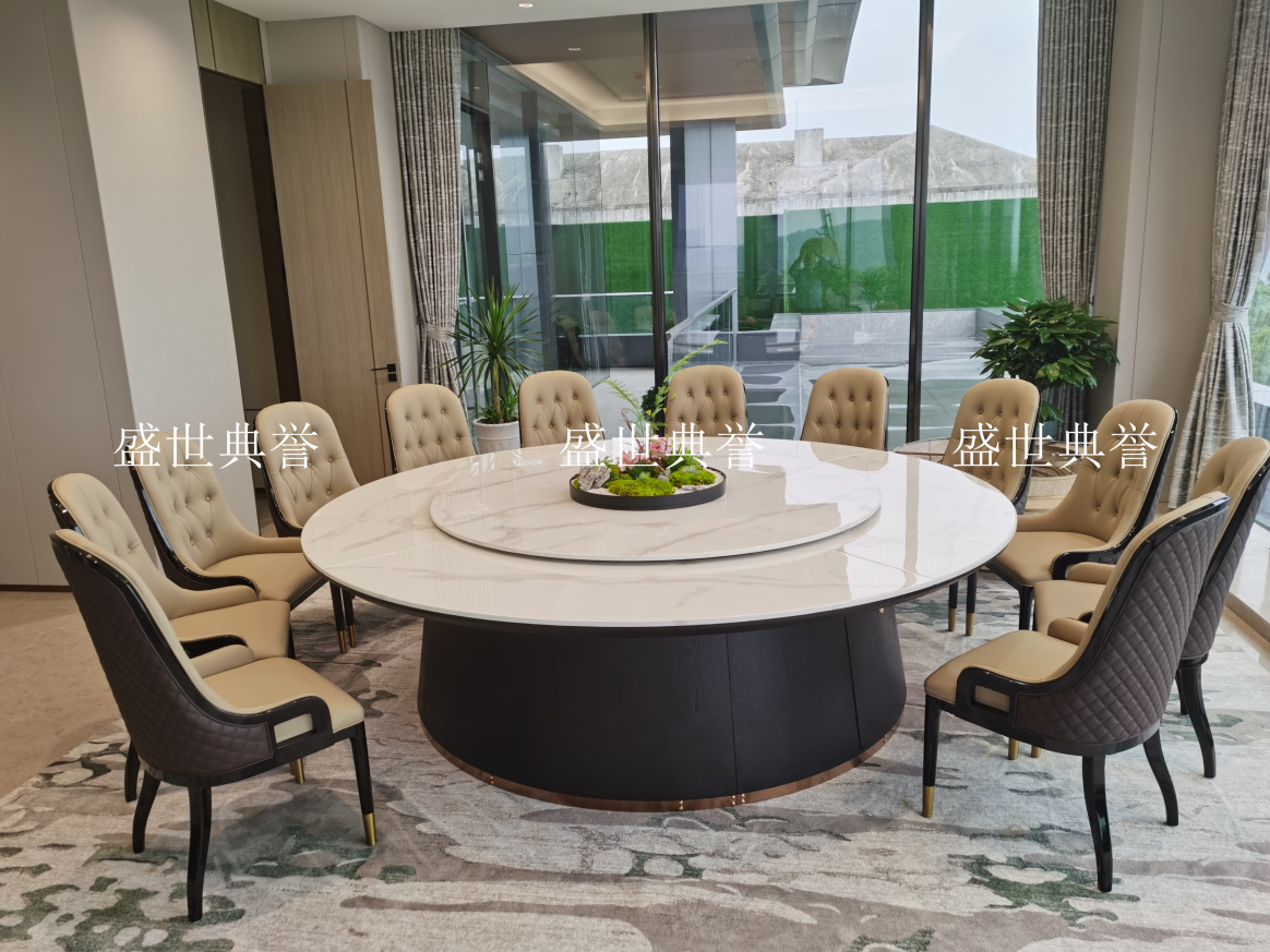 Solid wood furniture for five-star hotels in Hangzhou, seafood style, marble electric dining table, high-end club, light luxury large round table pic 9