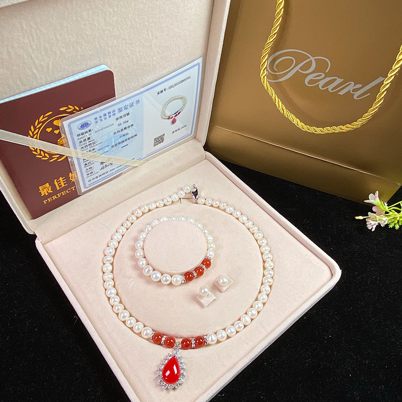 天然淡水珍珠项链绿玉髓吊坠白珍珠手链套装送妈妈婆婆母亲节批发详情34