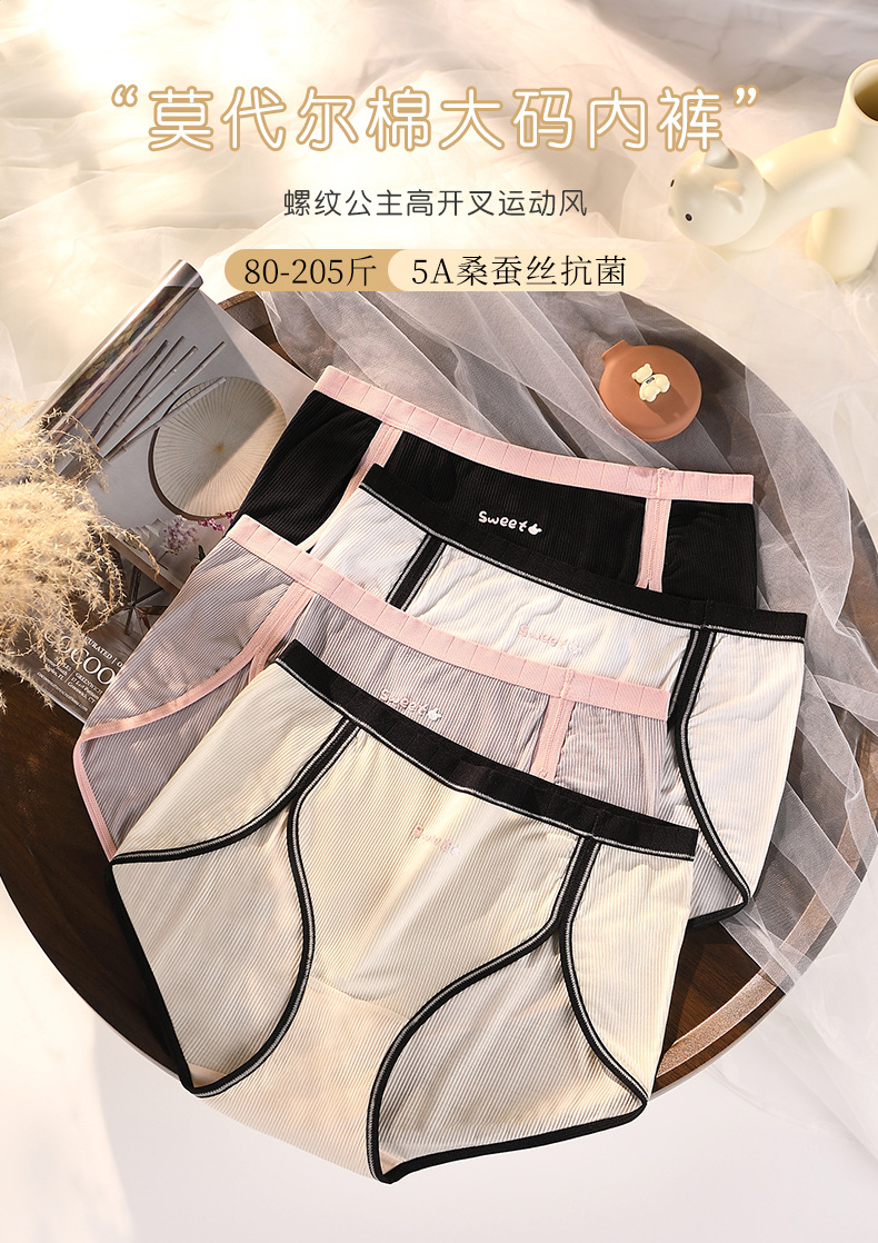 时尚运动高开叉莫代尔棉大码200斤内裤女 高腰不夹臀无痕蚕丝短裤详情1