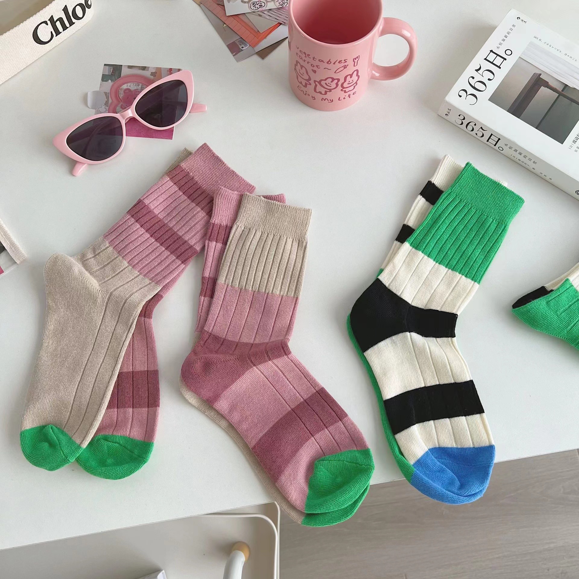 Calcetines mujer AB cara patchwork color rayas algodón medias medias mujer moda moda calle calcetines moda web personalidad medias mandarina pato pic 2