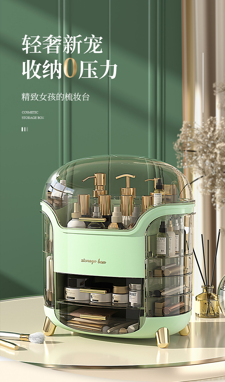 桌面护肤品置物架化妆品收纳盒防尘梳妆台化妆箱口红透明厂家直销详情1