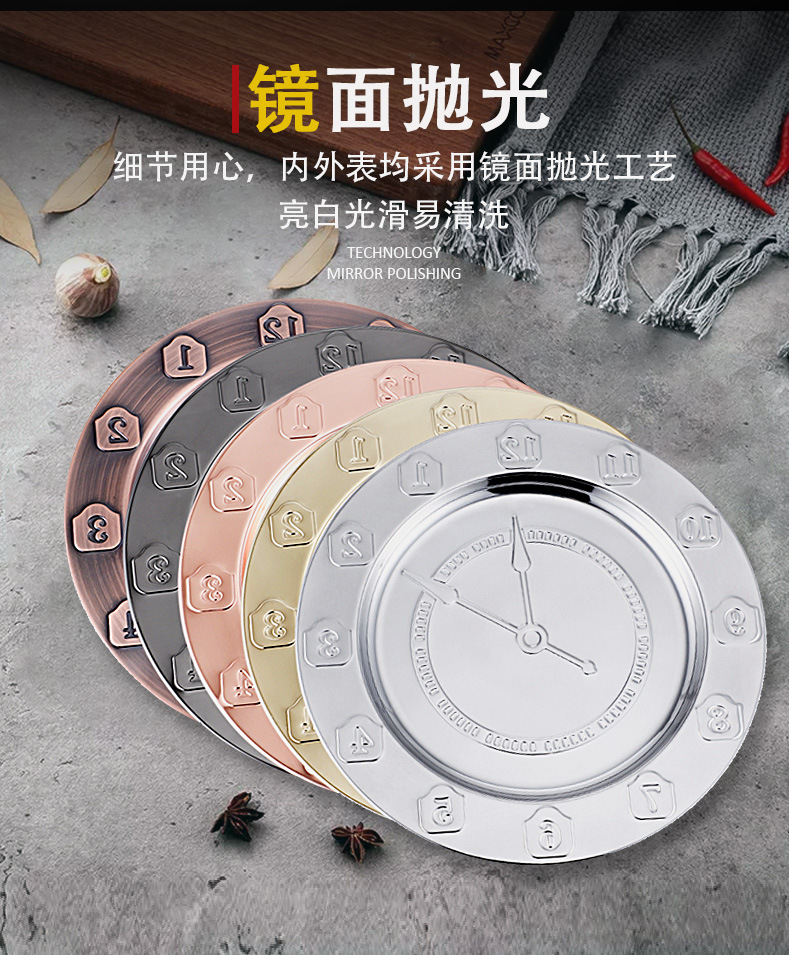 Fruit plates, stainless steel round plates, craft plates, decorative items, European-style Western plates, steak plates, fruits pic 5