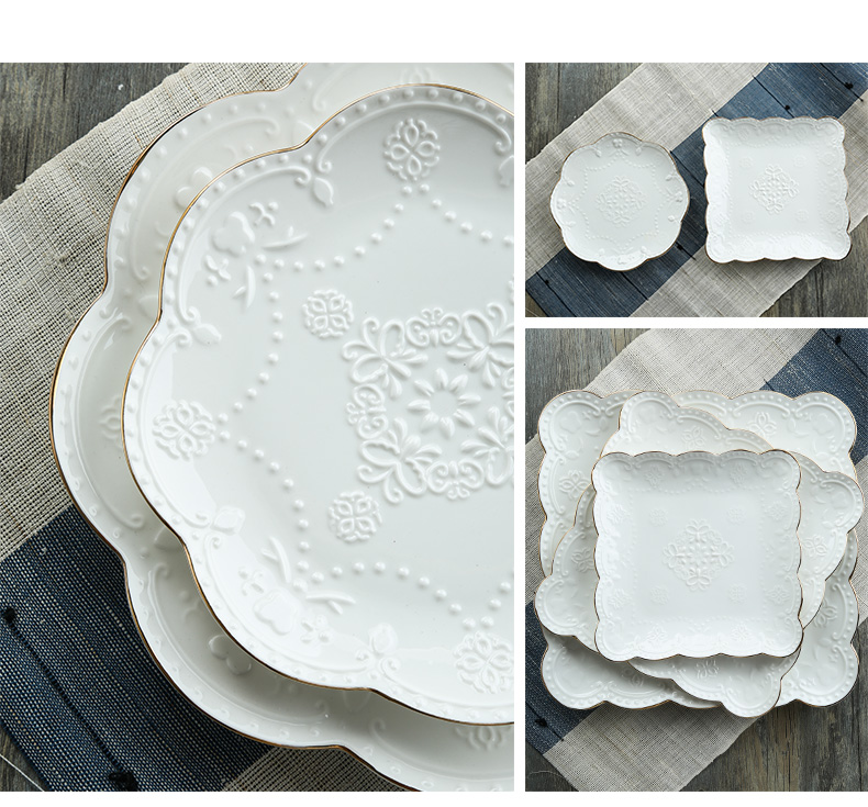 欧式浮雕蝴蝶宫廷手绘描金边陶瓷骨瓷圆盘子正方蛋糕碟西餐牛排盘详情11