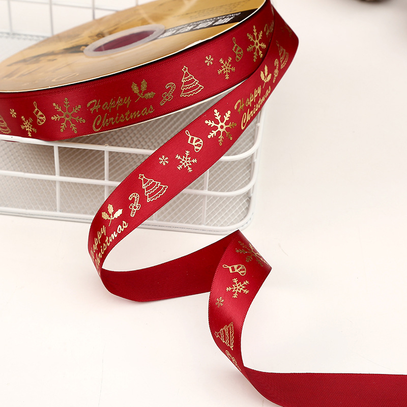 Dingxin 2.5CM Christmas ribbon in stock wholesale, gold-embossed snowflake DIY Christmas gift packaging color ribbon Polyester ribbon pic 9
