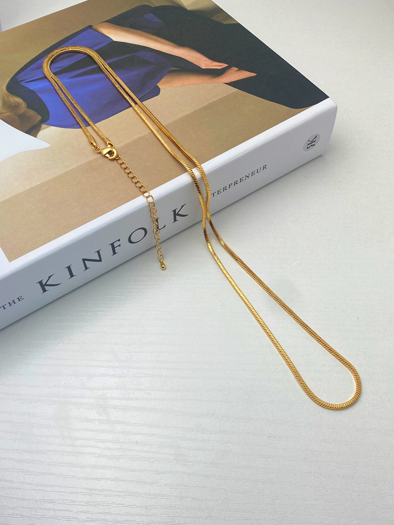 Korean simple square long snake bone necklace, gold-plated brass for women, high-end and versatile collarbone chain sweater chain for autumn and winter pic 8