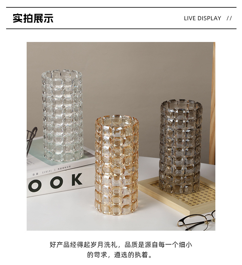 Pastoral simple crystal glass vase, living room dining table flower vase, transparent checkered fresh flower round straight tube vase pic 9