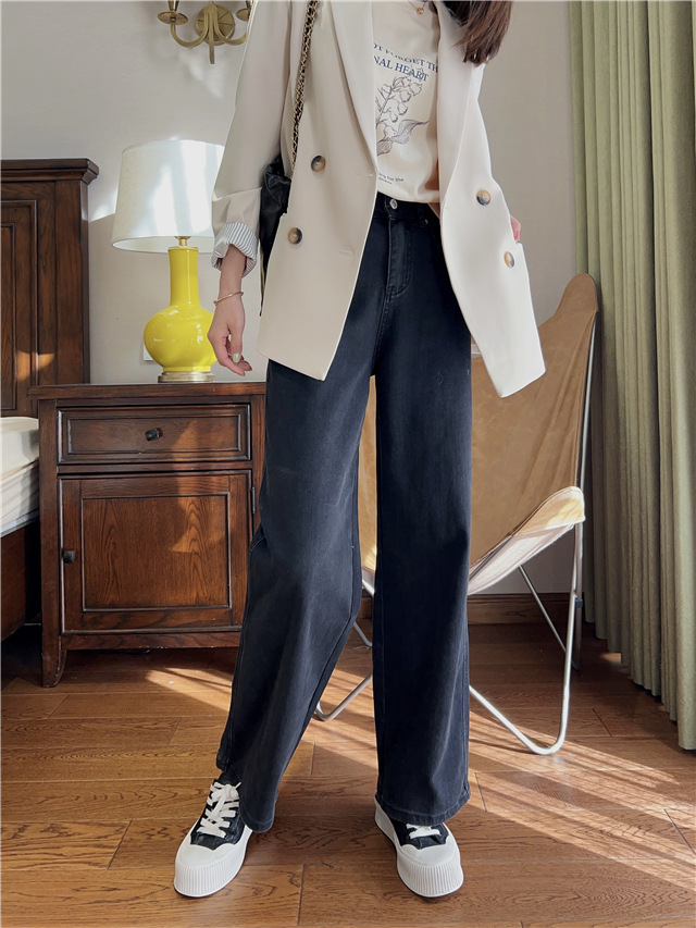 Treasure pants: Slimming, versatile, drape black straight-leg jeans for petite women, high-waisted wide-leg pants pic 20