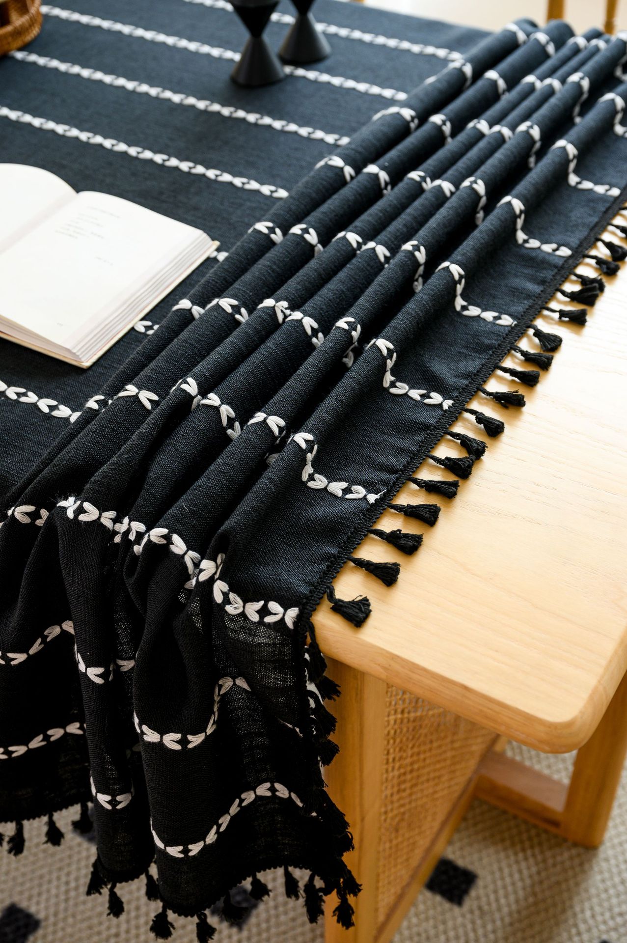 Cross-border three-dimensional embroidered striped tablecloth, popular black solid color, white cotton and linen tablecloth cover, fabric outdoor party pic 29