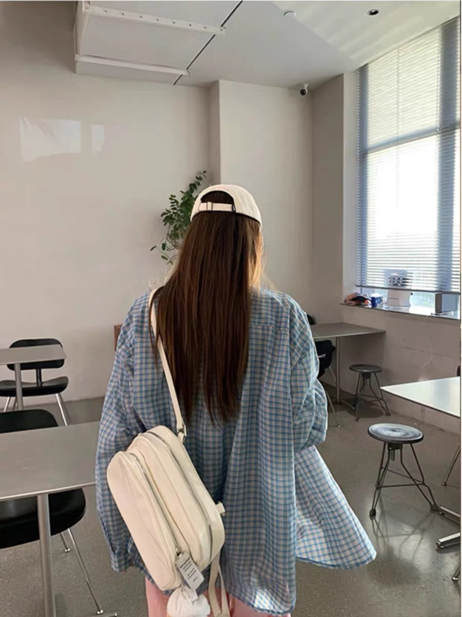 Blue checkered shirt top for women, 2024 new autumn style, light and laid-back casual loose shirt, sun-protective jacket pic 8