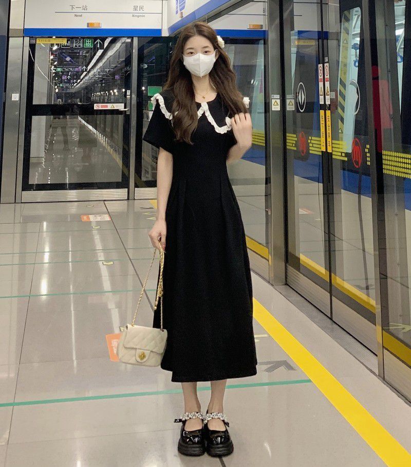 法式减龄娃娃领连衣裙大码夏装胖妹妹显瘦遮肉赫本风气质黑色长裙详情8
