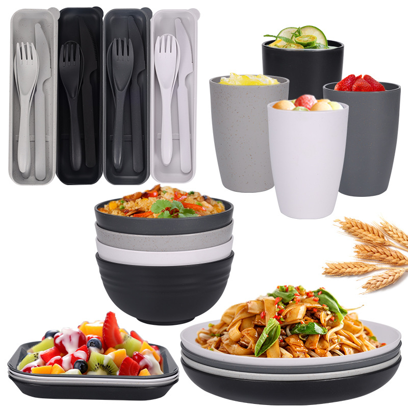 Cross-border Amazon black wheat straw 8-person set of bowls, plates, cups, tableware, knives, forks, spoons, portable tableware, outdoor set pic 7