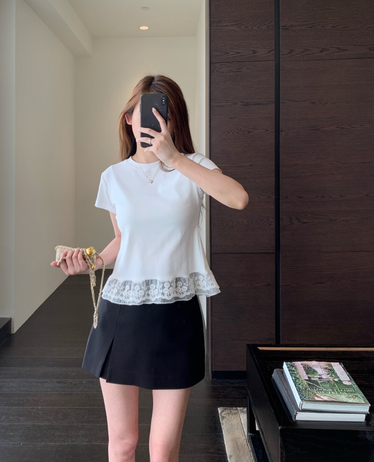 A13512甜美少女感 设计感下摆蕾丝花边拼接显瘦短袖T恤女春夏新详情11