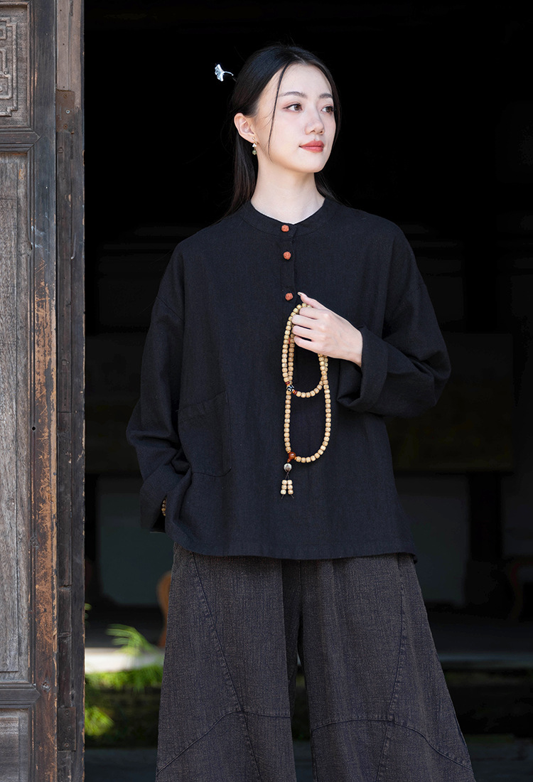 2024春夏棉麻女装新品亚麻立领拼色盘扣套头大码上衣女式棉麻衬衫详情26