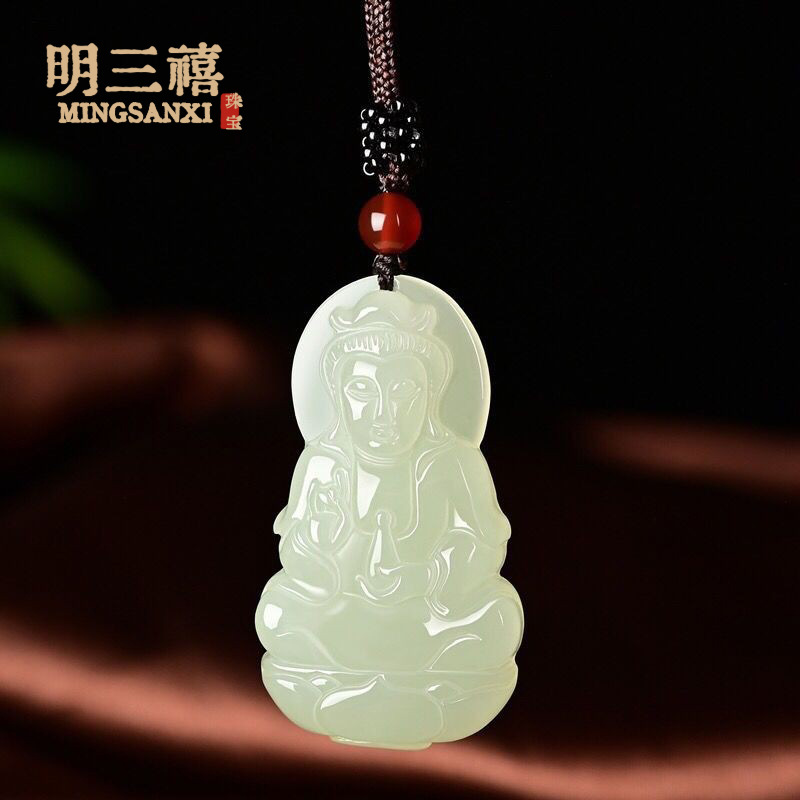Natural Afghan jade Guanyin and Buddha couple white jade Guanyin necklace, Laughing Buddha jade imitation Hetian jade pendant pic 2