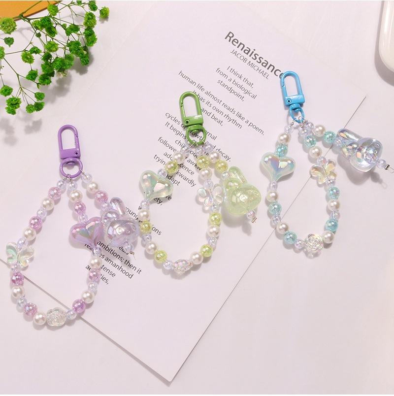 New translucent rabbit figurine keychain pendant, cute glitter pink heart burst bead chain accessory, headphone case decoration pic 8