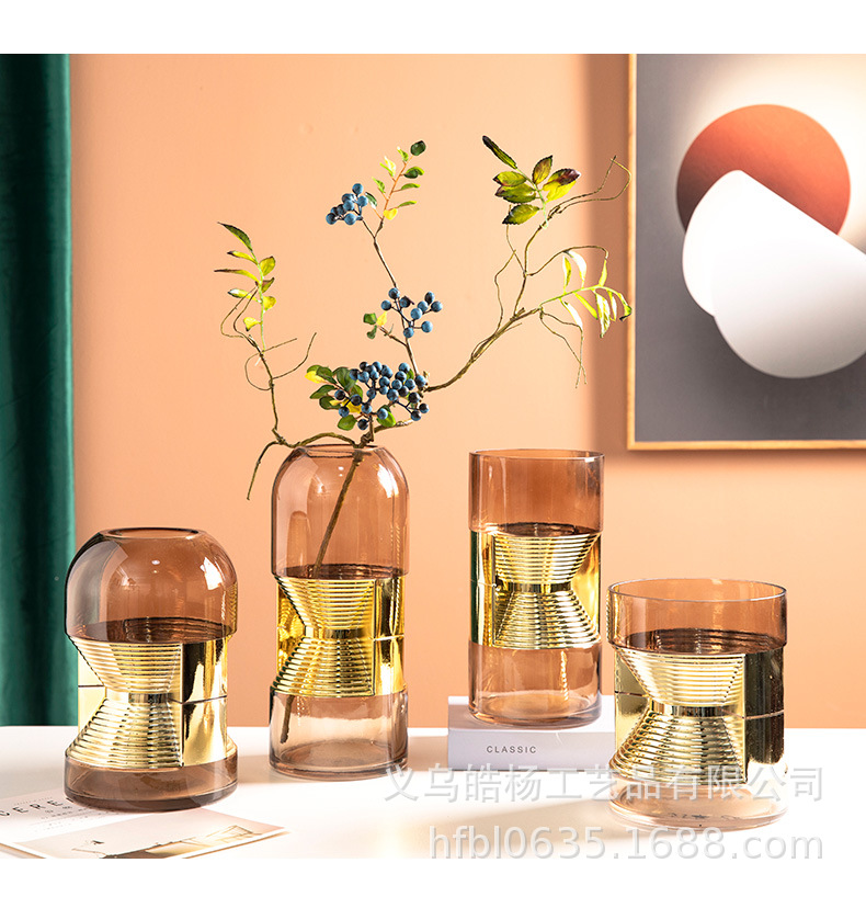Minimalist, light luxury, high-end living room dried flower arrangement, irregular-shaped gold-plated glass vase combination, home decoration, ins style pic 5