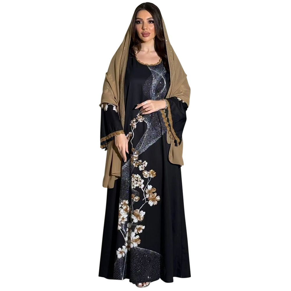 XQY500263 Cross-border Middle East Muslim Robe Dubai Arab printed Robe Dress with belt pic 6