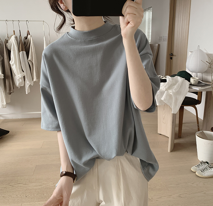 琪镌绘制半高领t恤女式春夏季新款宽松显瘦韩版简约半袖减龄棉质详情21