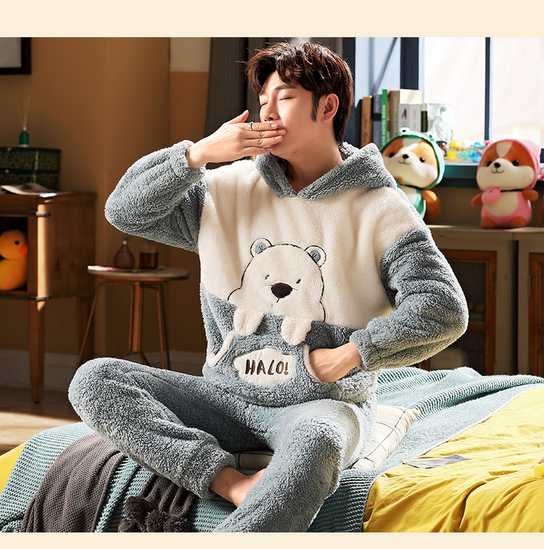 长毛绒冬季卡通情侣加厚加绒睡衣女帽子外穿法兰绒套装男士家居服详情52